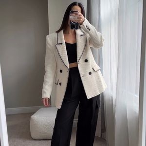 Zara Ecru Topstitched Double Breasted Blazer